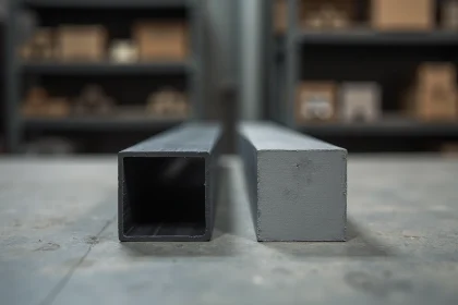 Comparaison côte à côte d'un tube carré aluminium anodisé gris mat et d'un tube carré aluminium brut brossé sur un établi en béton d'atelier industriel