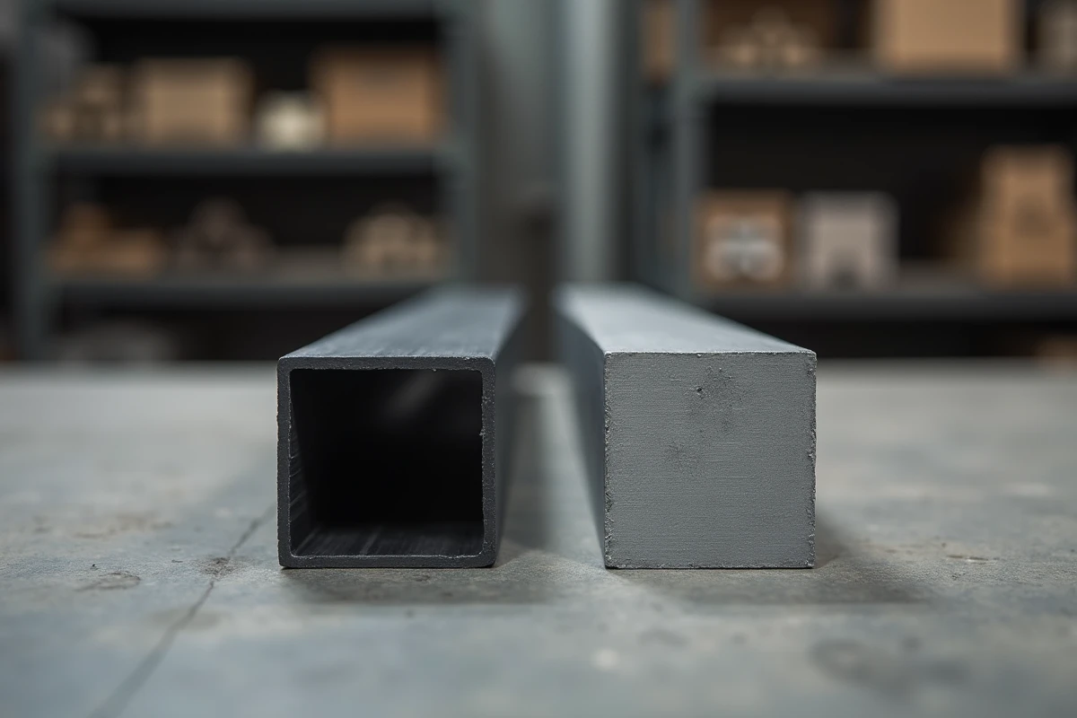 Comparaison côte à côte d'un tube carré aluminium anodisé gris mat et d'un tube carré aluminium brut brossé sur un établi en béton d'atelier industriel