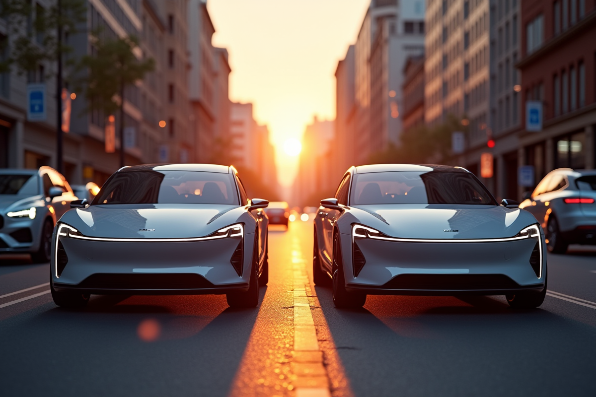 Deux voitures hybrides modernes sur une rue en ville au coucher de soleil