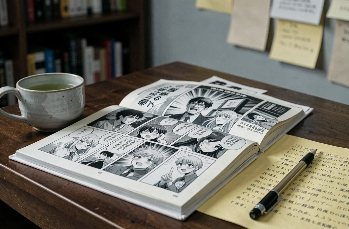 Gros plan sur un volume de manga One Piece ouvert avec des notes de lecture et une tasse de thé