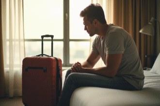 Voyageur inquiet devant la serrure de sa valise dans une chambre moderne