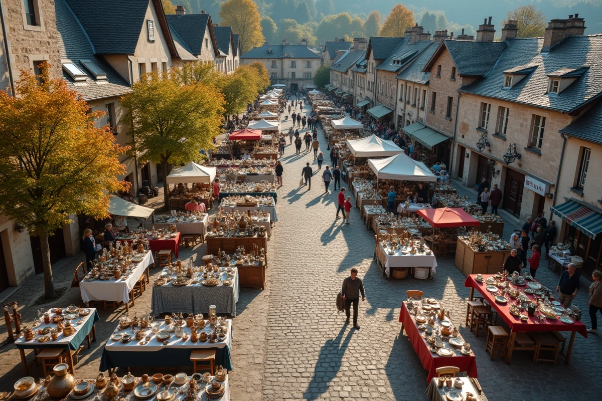 Vue aérienne d'une brocante animée sur une place de village en Cantal avec familles et exposants le week-end