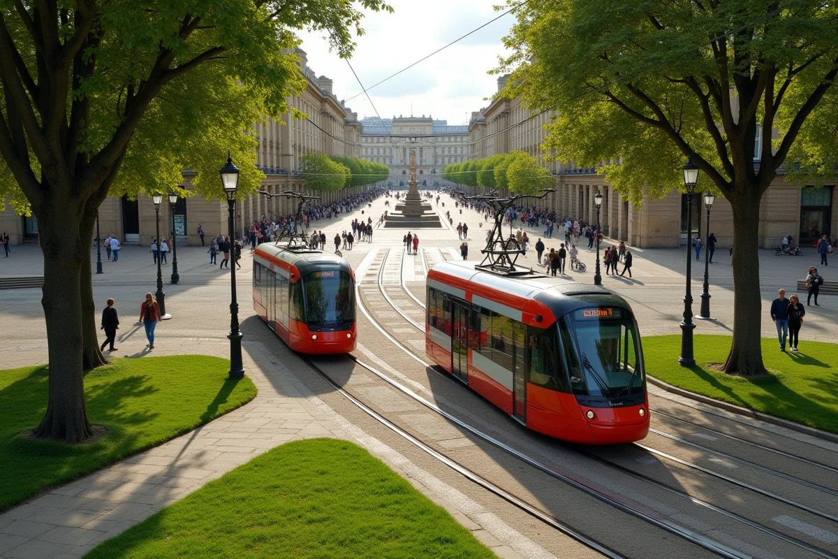 Vue large du carrefour du réseau de tram à Bordeaux avec deux rames se croisant place des Quinconces